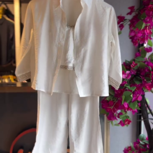 Lace Trimmed Shirt Set in Pearl White