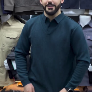 DARK GREEN V-NECK CASUAL SWEATER