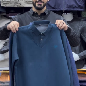 BLUE V-NECK SWEATER WITH EMBROIDERED LOGO