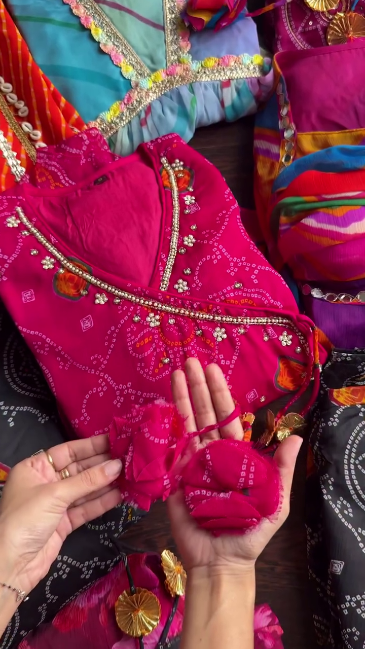 Luxury Bandhej-Style Pink Anarkali Kurti with Dupatta – Festive Ethnic Flair - Image 2