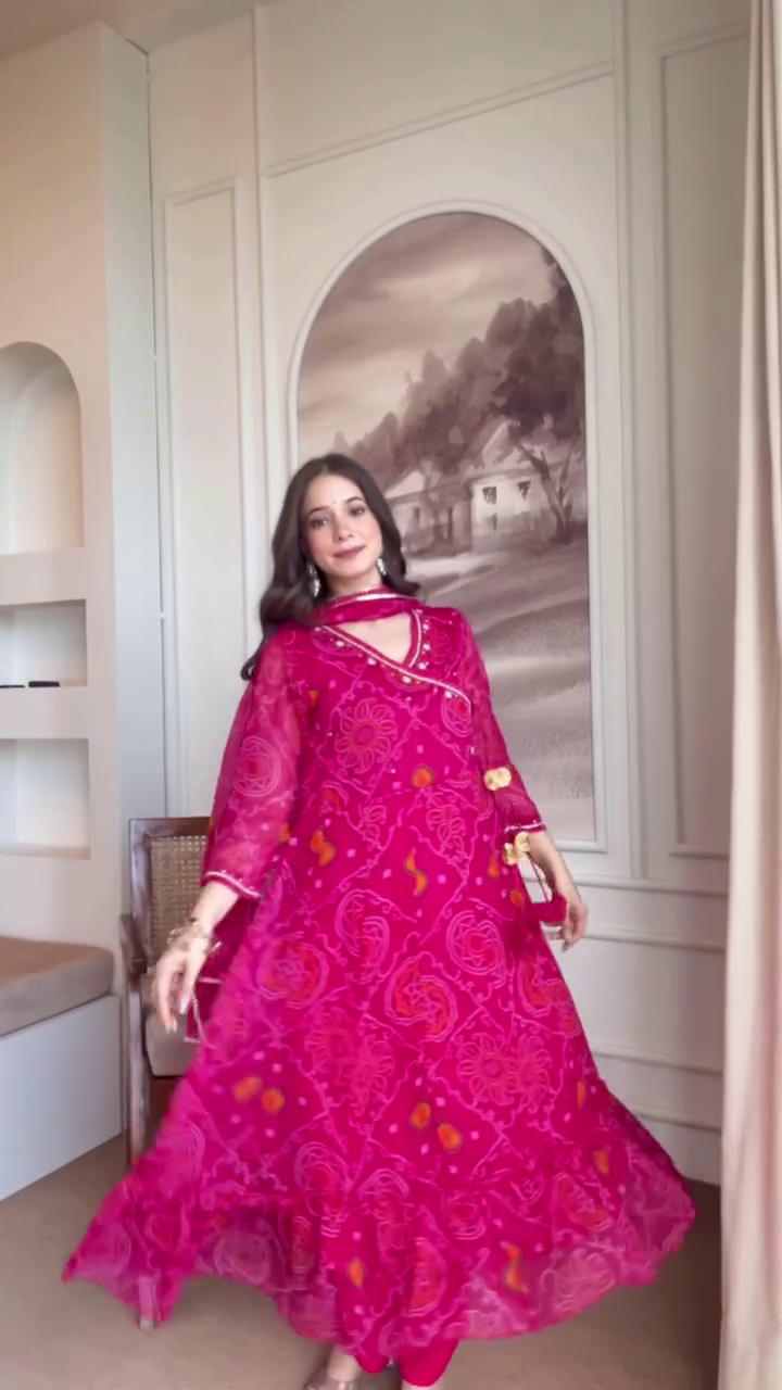Luxury Bandhej-Style Pink Anarkali Kurti with Dupatta – Festive Ethnic Flair