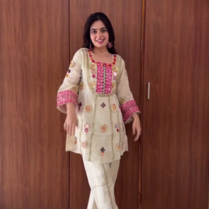 Cream Mirror-Work Short Kurti & Pant Set with Contrasting Pink Yoke