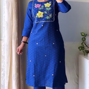 Royal Blue Floral Hand-Embroidered Straight Kurta Set with Matching Pants & Dupatta