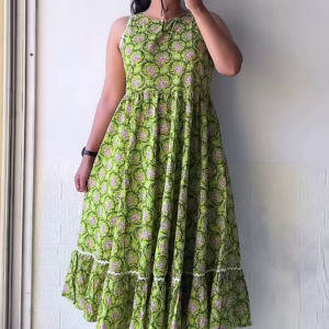Lime Green Floral Printed A-Line Kurti with Ruffled Hem – Everyday Ethnic Comfort Wear
