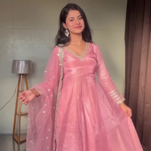 Blush Pink Silk Anarkali Suit with Mirror-Work Dupatta – Elegant Festive Wear