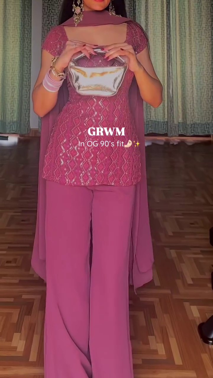 Dusty Rose Sequin Straight Kurti & Palazzo Set with Matching Cape Dupatta