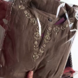 Taupe Brown Embroidered V-Neck Cotton Kurta Set