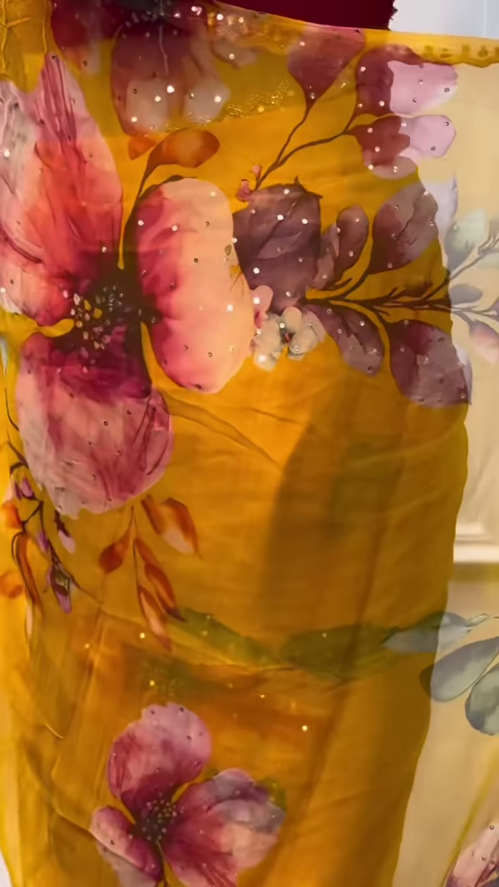 Mustard Gold Floral Chiffon Saree with Hand-Embellished Scalloped Borders - Image 3