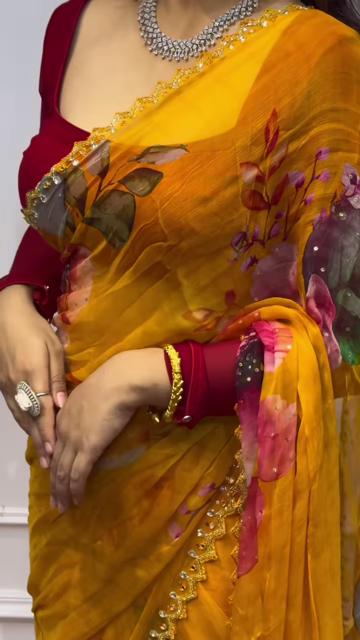 Mustard Gold Floral Chiffon Saree with Hand-Embellished Scalloped Borders