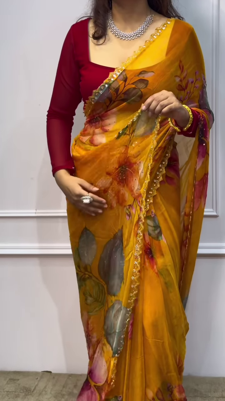 Mustard Gold Floral Chiffon Saree with Hand-Embellished Scalloped Borders - Image 2