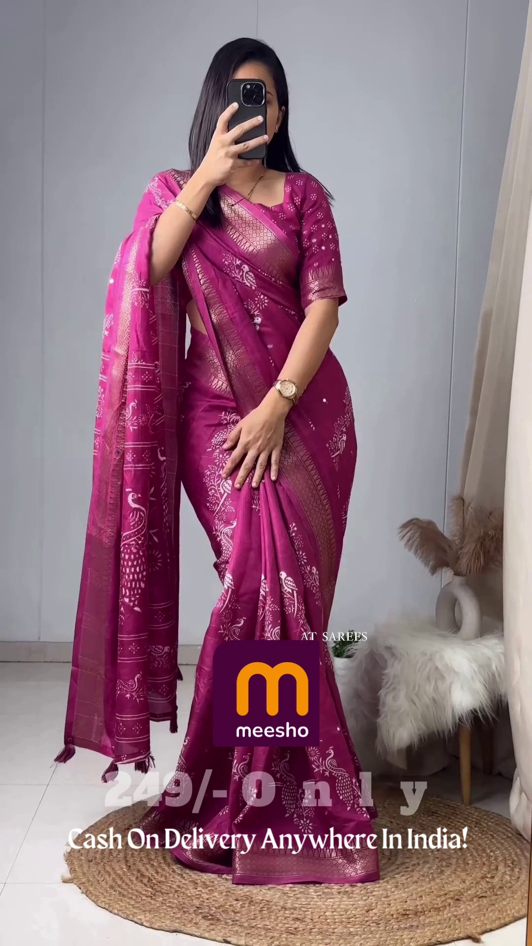 Elegant Mustard Gold Floral Chiffon Saree with Hand-Embellished Scalloped Borders - Image 5