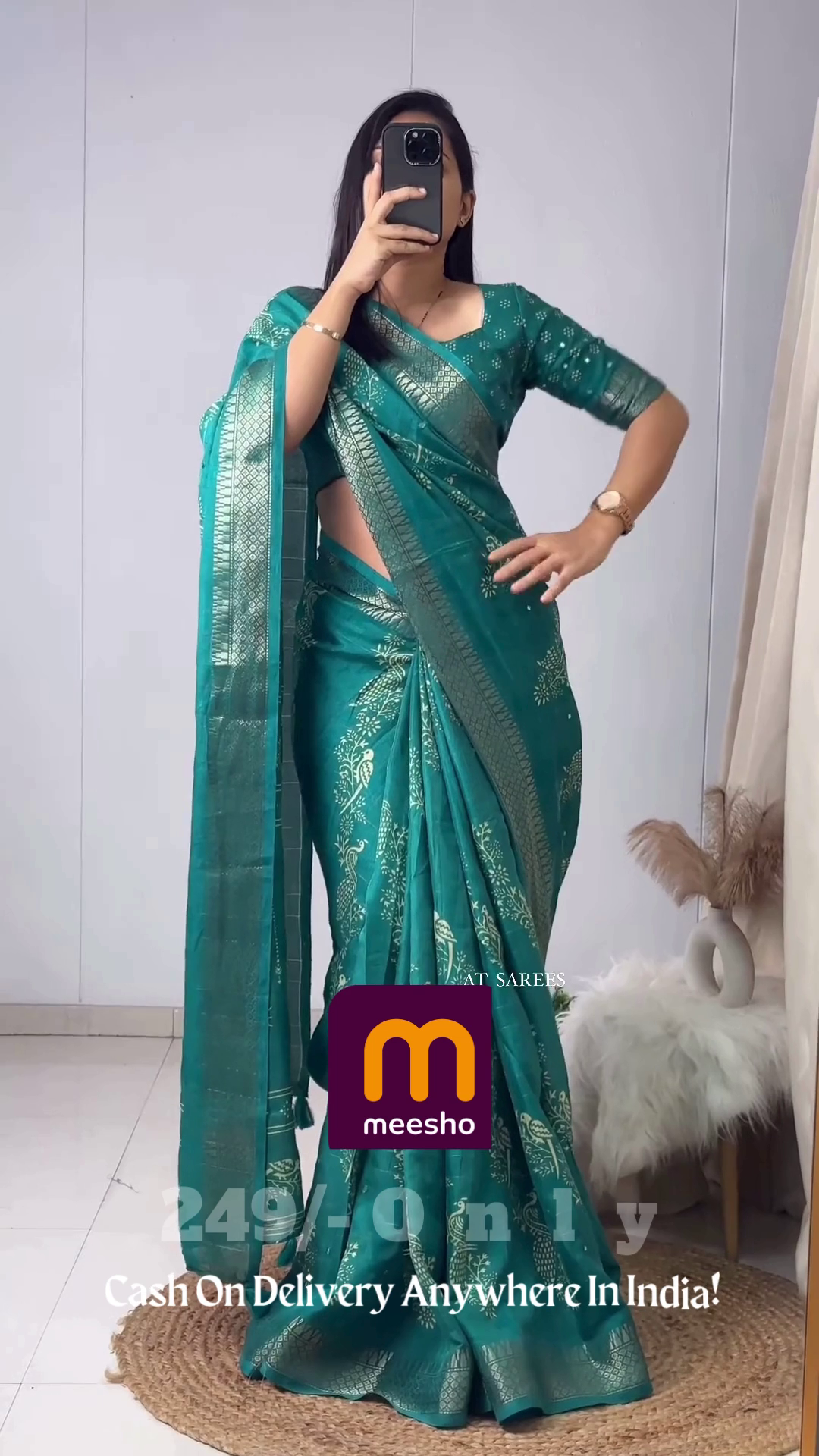 Elegant Mustard Gold Floral Chiffon Saree with Hand-Embellished Scalloped Borders - Image 3