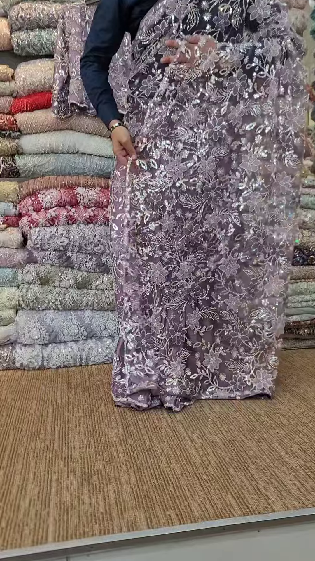 Elegant Mustard Yellow Floral Organza Saree with Hand-Embellished Scalloped Borders - Image 3