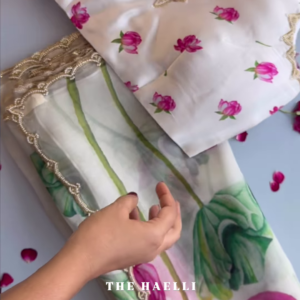 White Organza Saree with Pink Lotus Print