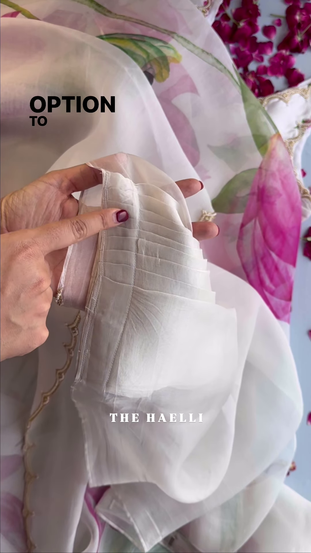 White Organza Saree with Pink Lotus Print - Image 3