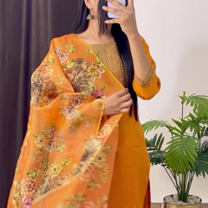 Mustard Yellow Silk Kurta with Ethnic Floral Embroidery and Pink Dupatta - Vibrant Festive Suit Set