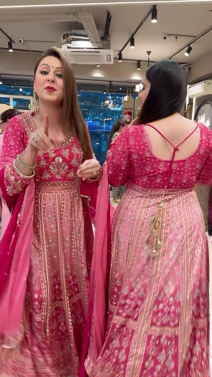 Fuchsia Pink Anarkali Gown with Intricate Mirror and Gota Patti Work - Grand Festive Wedding Outfit