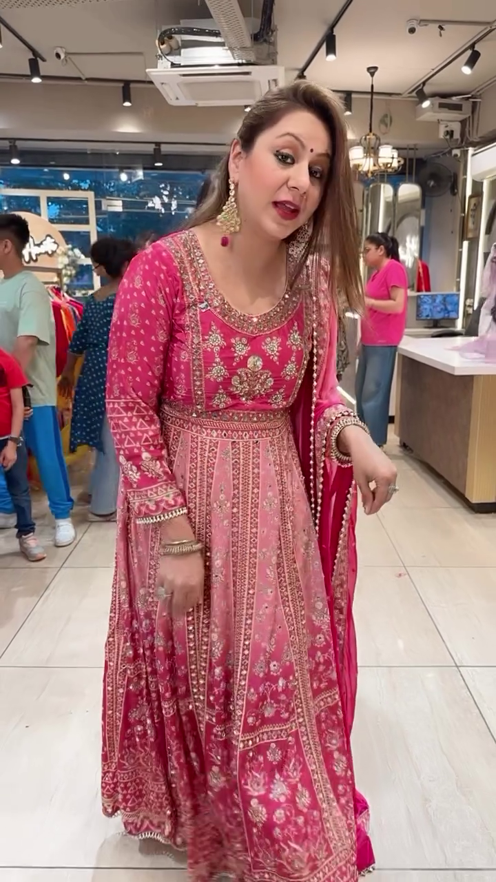 Fuchsia Pink Anarkali Gown with Intricate Mirror and Gota Patti Work - Grand Festive Wedding Outfit - Image 3