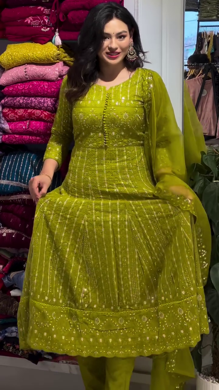 Radiant Lime Green Anarkali Gown with Intricate Zari and Mirror Embroidery - Grand Festive Ethnic Gown