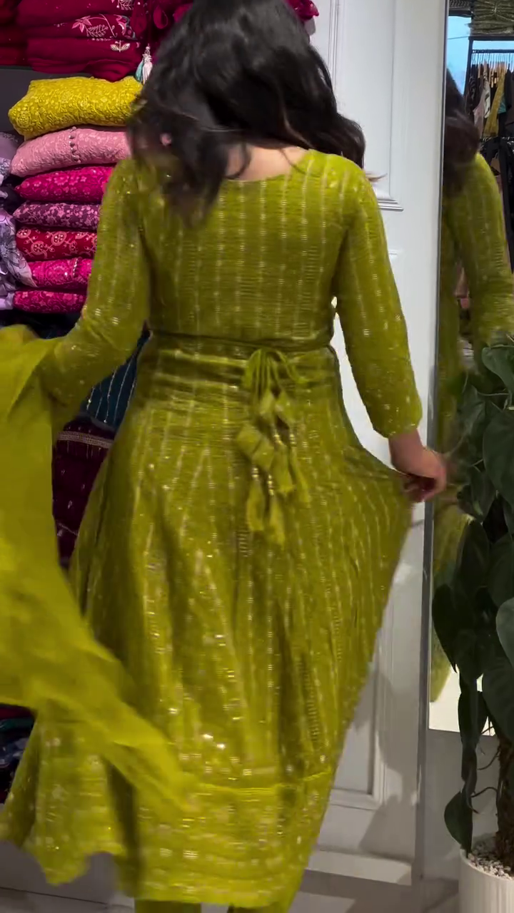 Radiant Lime Green Anarkali Gown with Intricate Zari and Mirror Embroidery - Grand Festive Ethnic Gown - Image 2