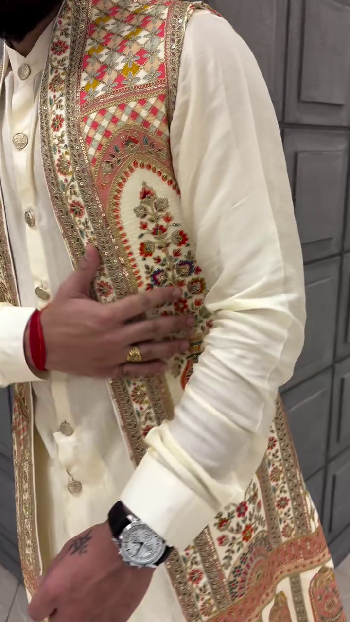 Royal Mustard Yellow Silk-Blend Sherwani for Men with Intricate Multi-Color Embroidery and Mirror Work - Premium Wedding Wear - Image 3