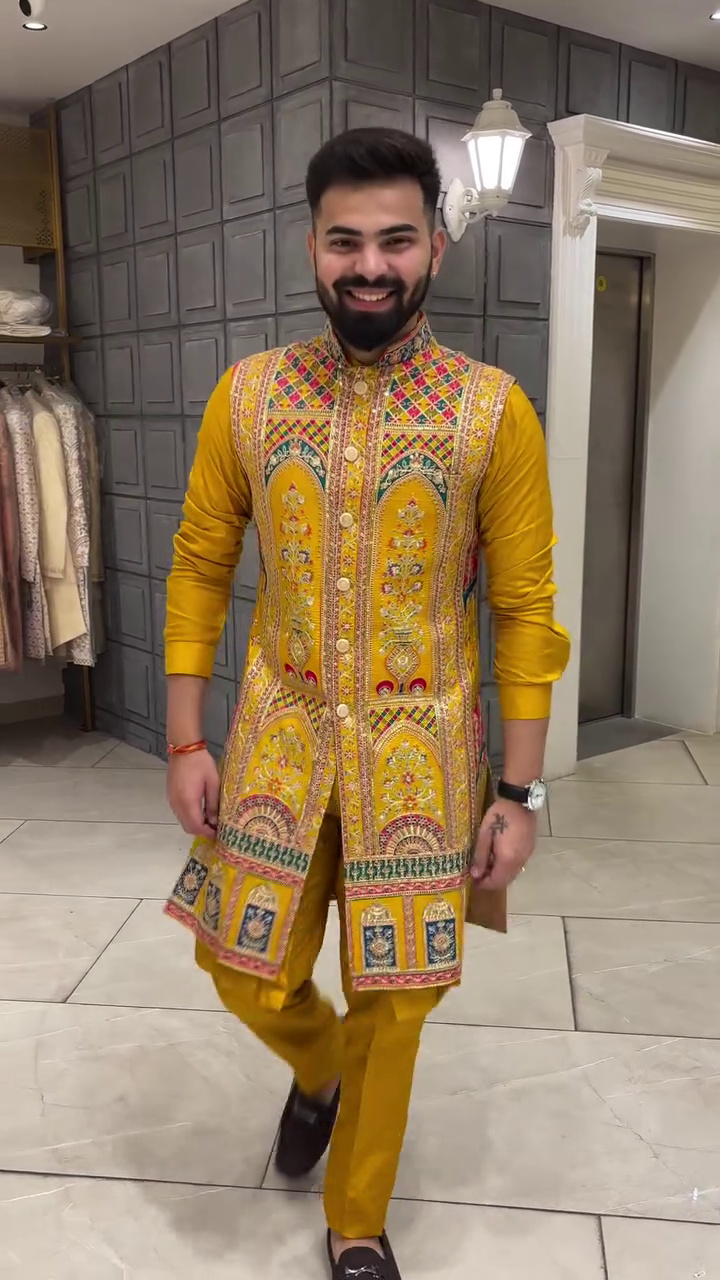 Royal Mustard Yellow Silk-Blend Sherwani for Men with Intricate Multi-Color Embroidery and Mirror Work - Premium Wedding Wear
