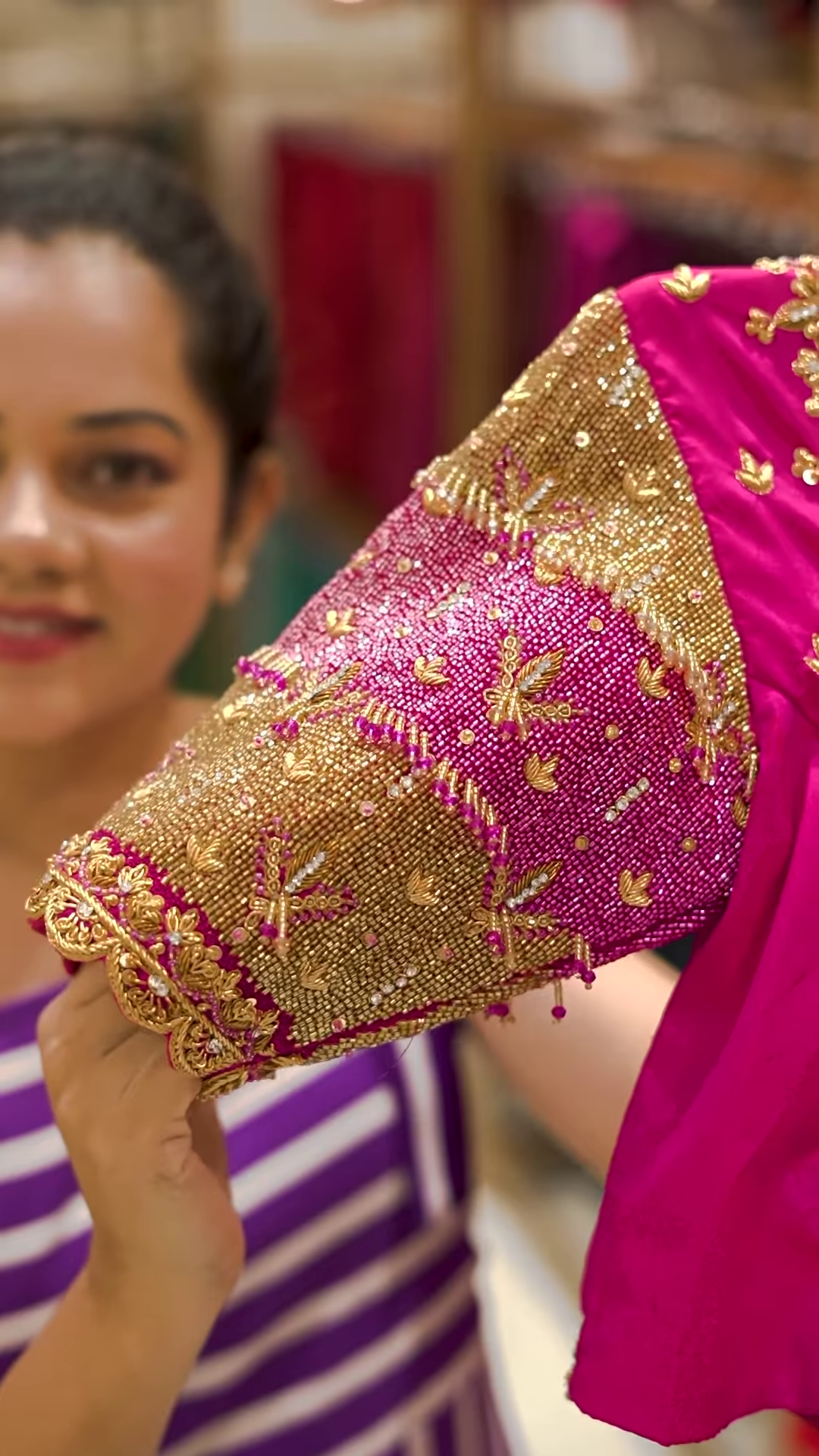Deep Maroon Velvet Blouse with 3D Butterfly Embroidery and Hand-Encrusted Gold Sequin Detailing - Image 15