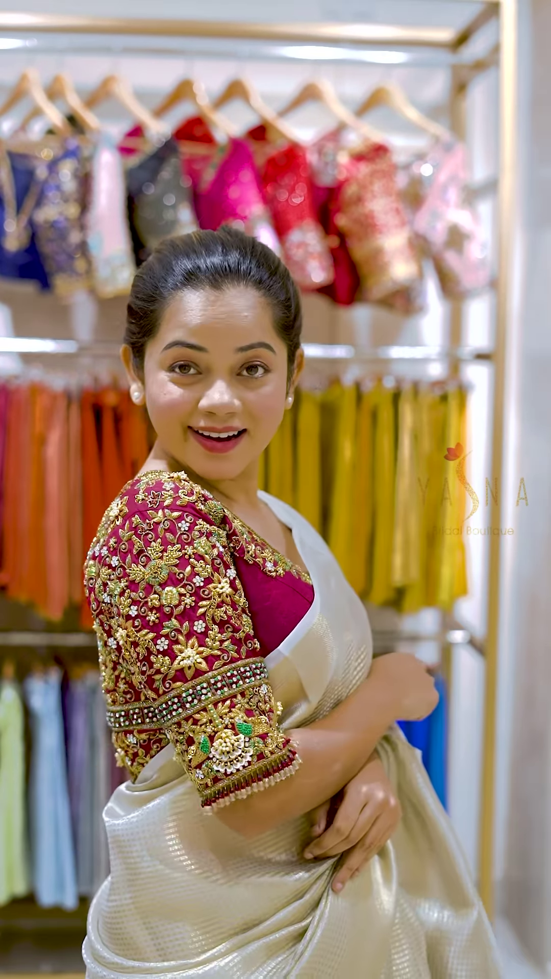 Deep Maroon Velvet Blouse with 3D Butterfly Embroidery and Hand-Encrusted Gold Sequin Detailing - Image 5