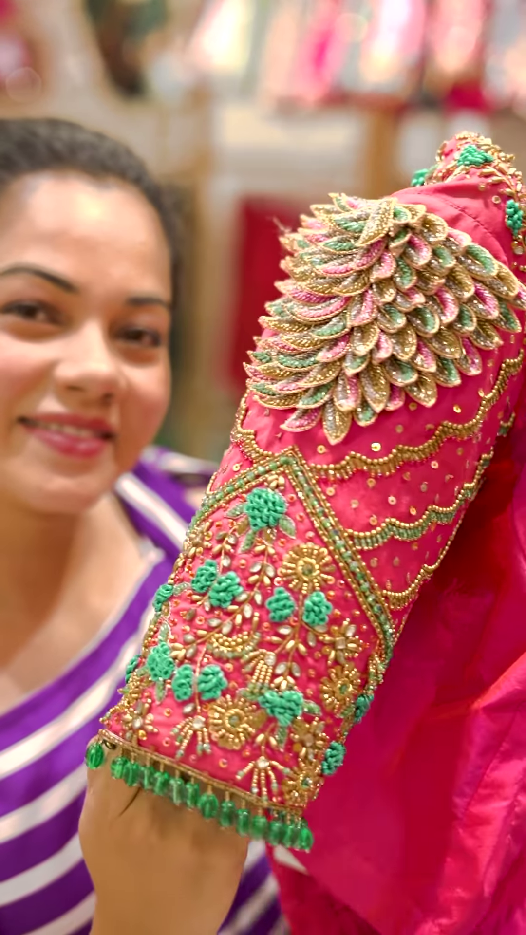 Deep Maroon Velvet Blouse with 3D Butterfly Embroidery and Hand-Encrusted Gold Sequin Detailing - Image 3