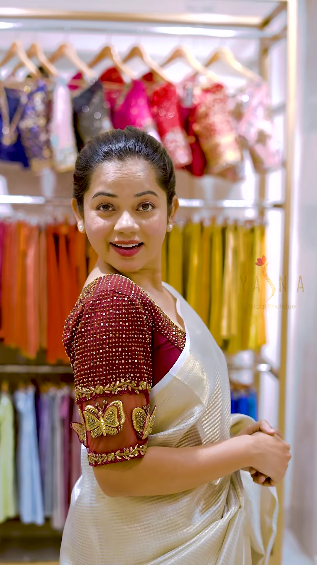 Deep Maroon Velvet Blouse with 3D Butterfly Embroidery and Hand-Encrusted Gold Sequin Detailing - Image 13