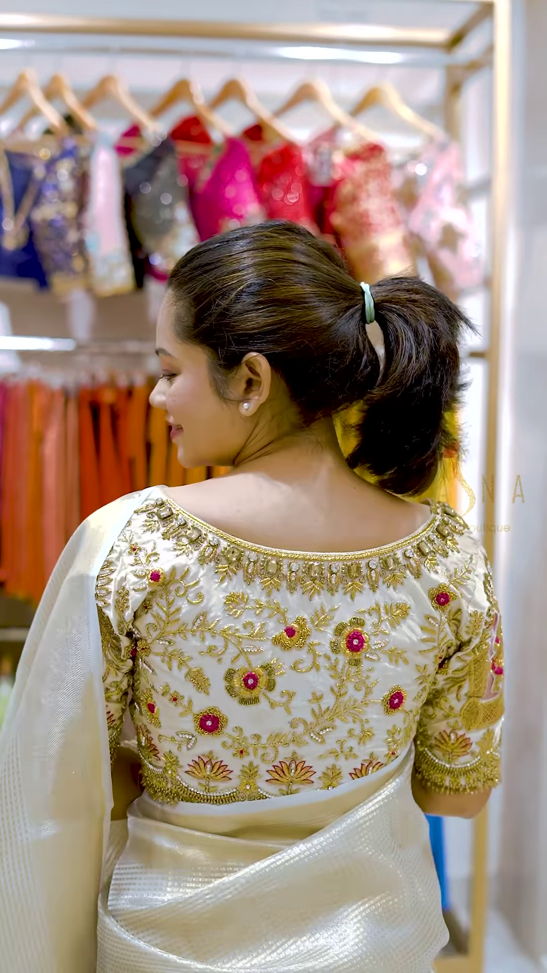 Deep Maroon Velvet Blouse with 3D Butterfly Embroidery and Hand-Encrusted Gold Sequin Detailing - Image 12