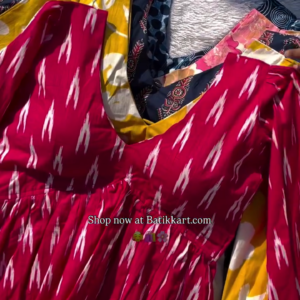 Vibrant Red and White Ikat Print Cotton Dress with Puff Sleeves and Flared Boho Silhouette