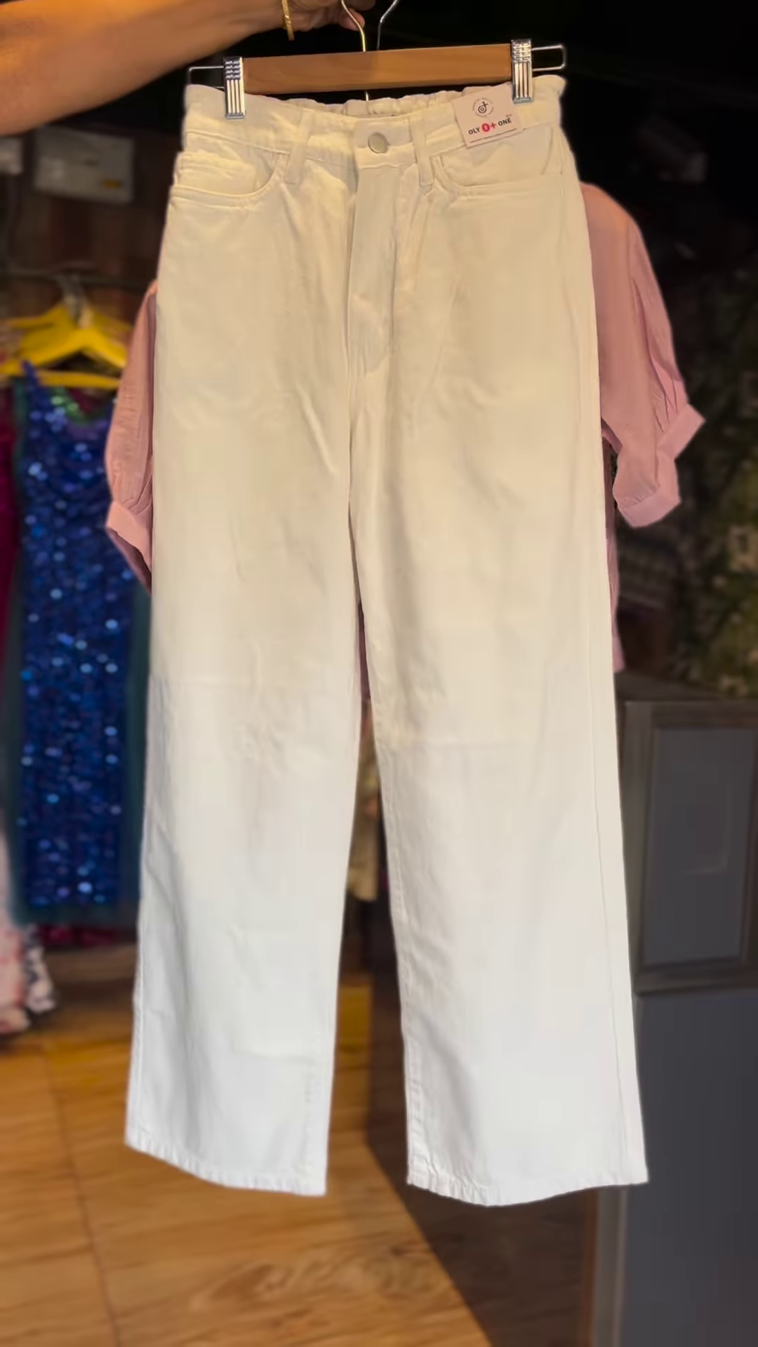 Three-Piece Mauve Striped Shirt with Matching Jacket and White Straight-Leg Trousers - Chic Casual Ensemble - Image 2