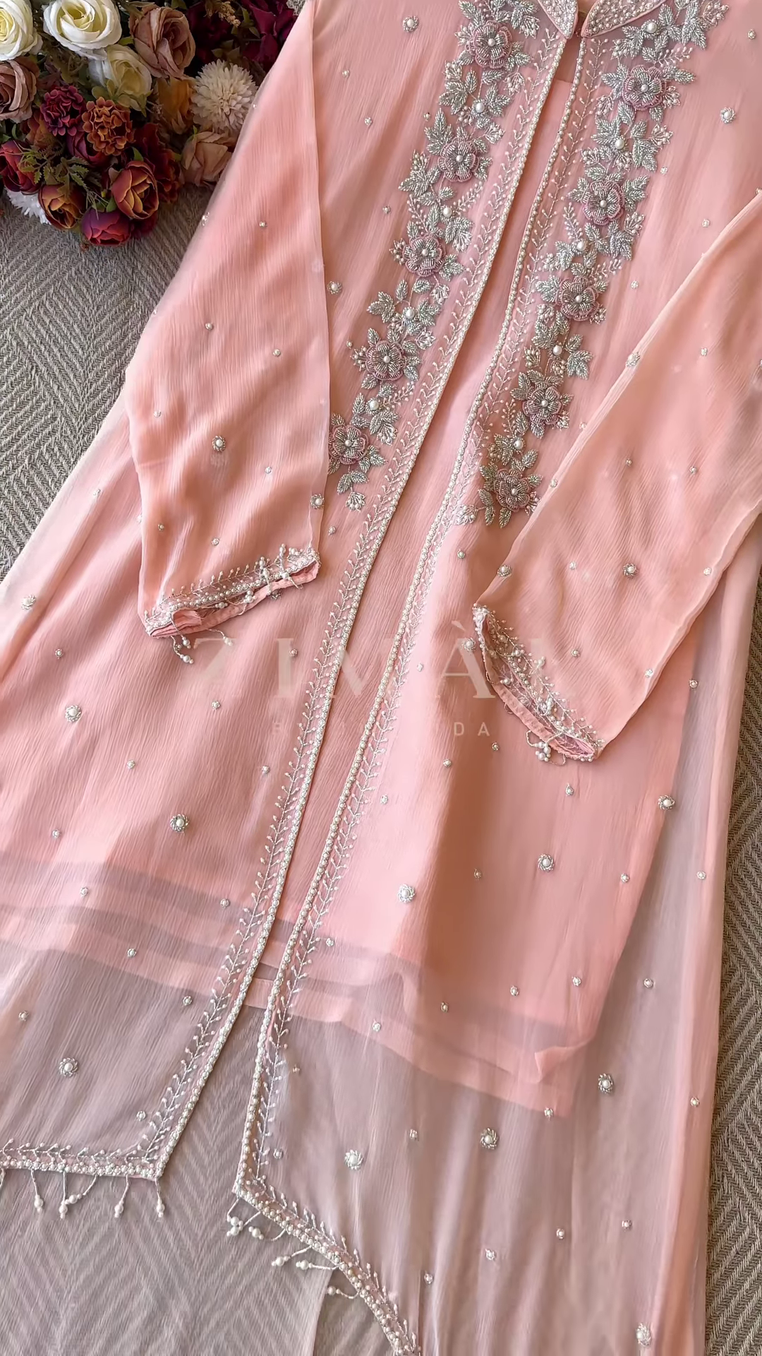 Mint Green Silk-Blend Kurta with Heavy Silver Zari Embroidery and Pearl Accents - Premium Occasion Wear - Image 5