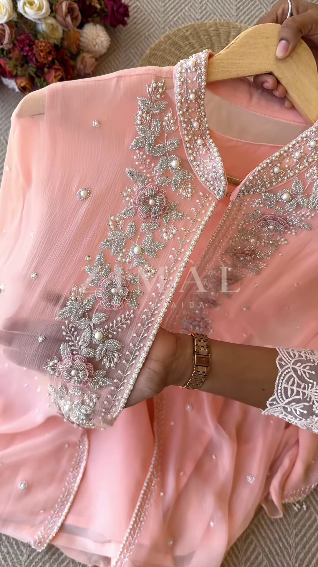 Mint Green Silk-Blend Kurta with Heavy Silver Zari Embroidery and Pearl Accents - Premium Occasion Wear - Image 4