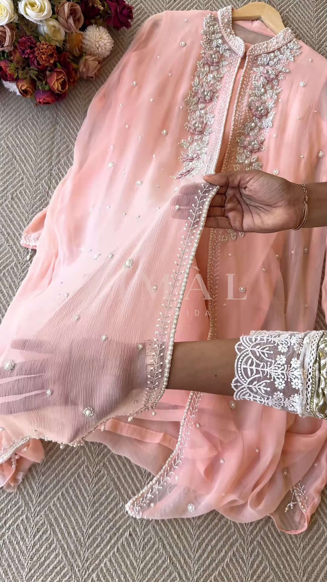 Mint Green Silk-Blend Kurta with Heavy Silver Zari Embroidery and Pearl Accents - Premium Occasion Wear - Image 3