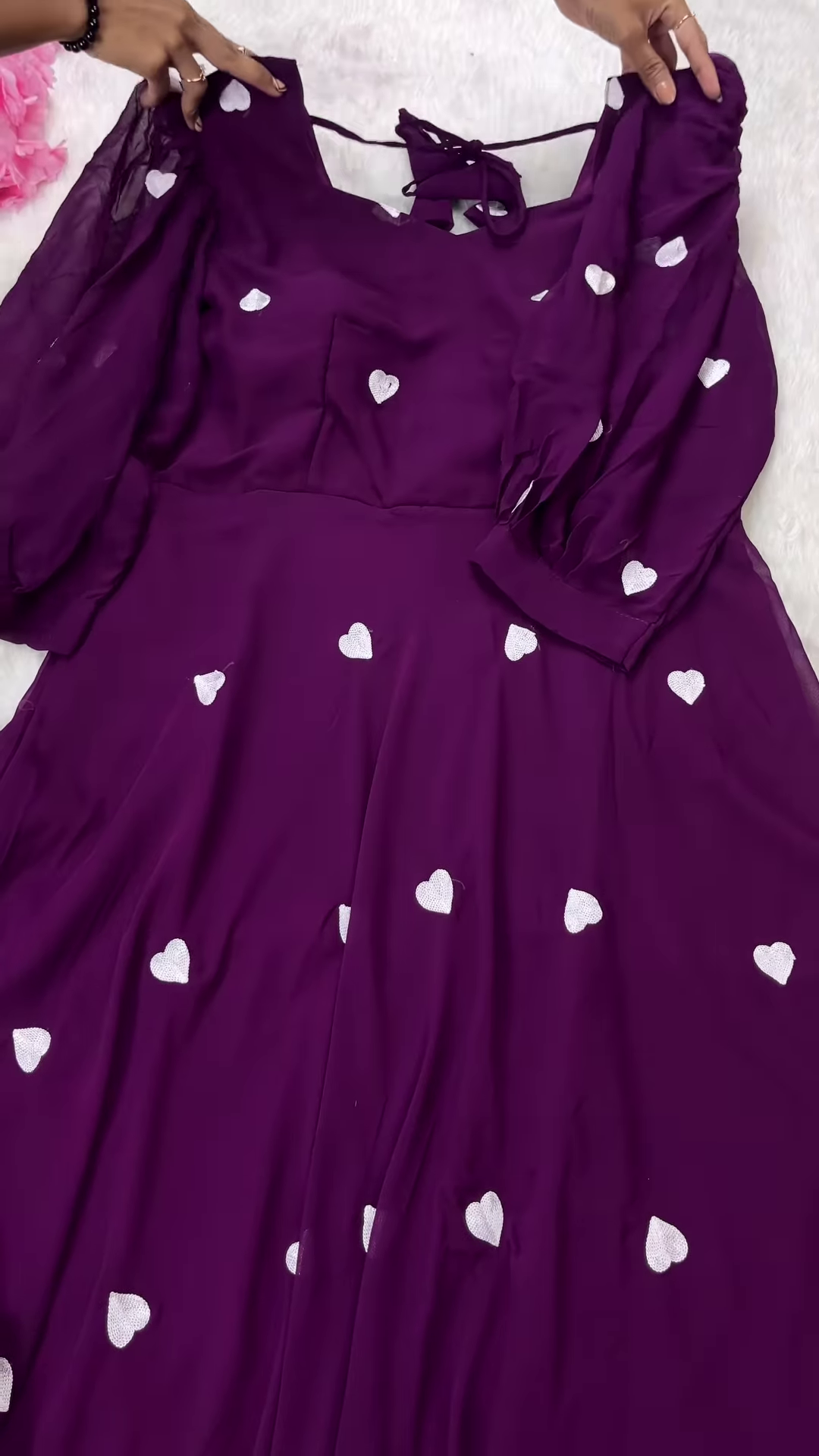 Deep Plum Purple Anarkali Gown with All-Over White Heart Sequin Embroidery - Whimsical Party Wear