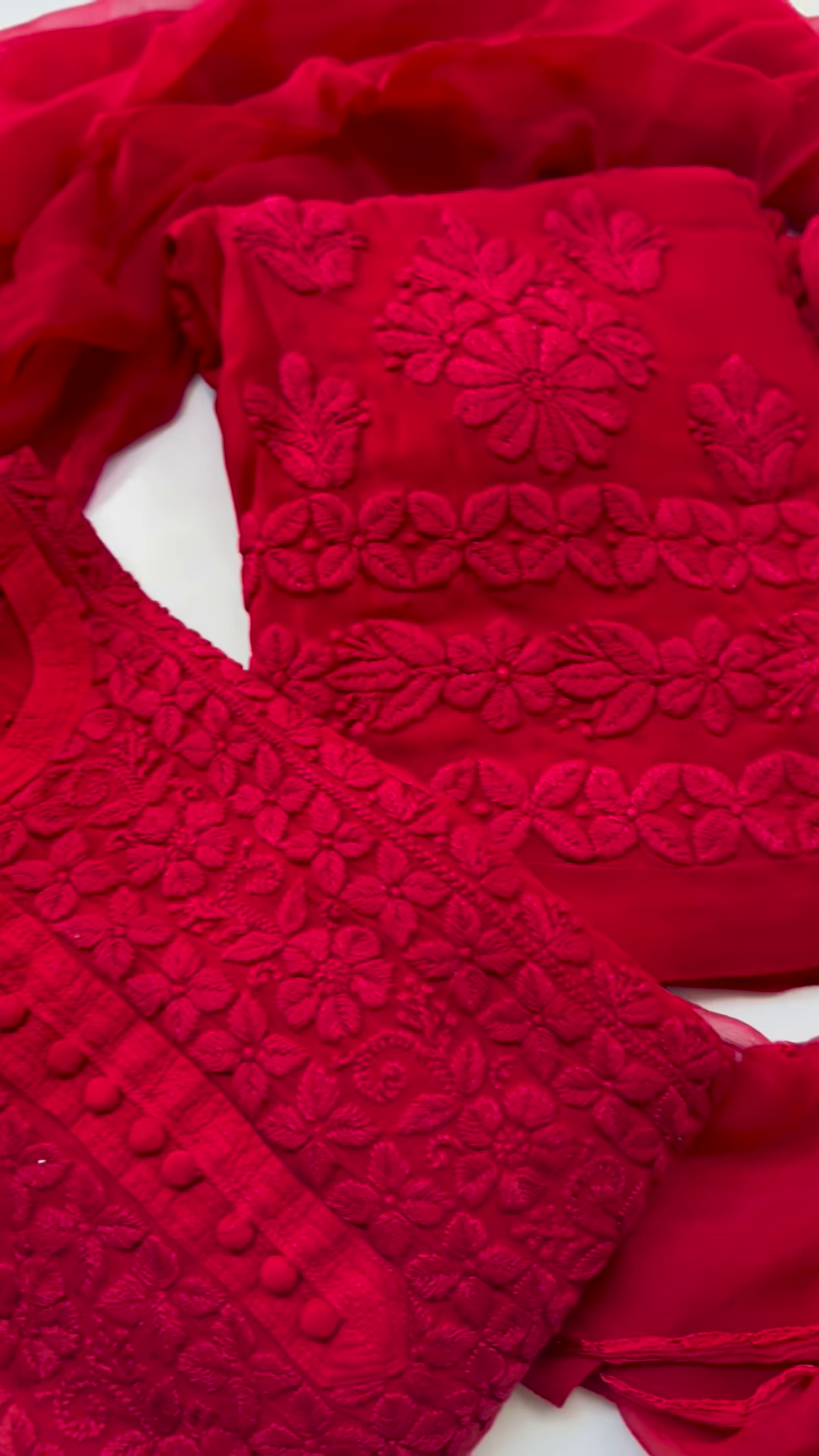 Vibrant Crimson Red Georgette Suit with Dense All-Over Floral Chikankari Embroidery - Royal Festive Collection - Image 2