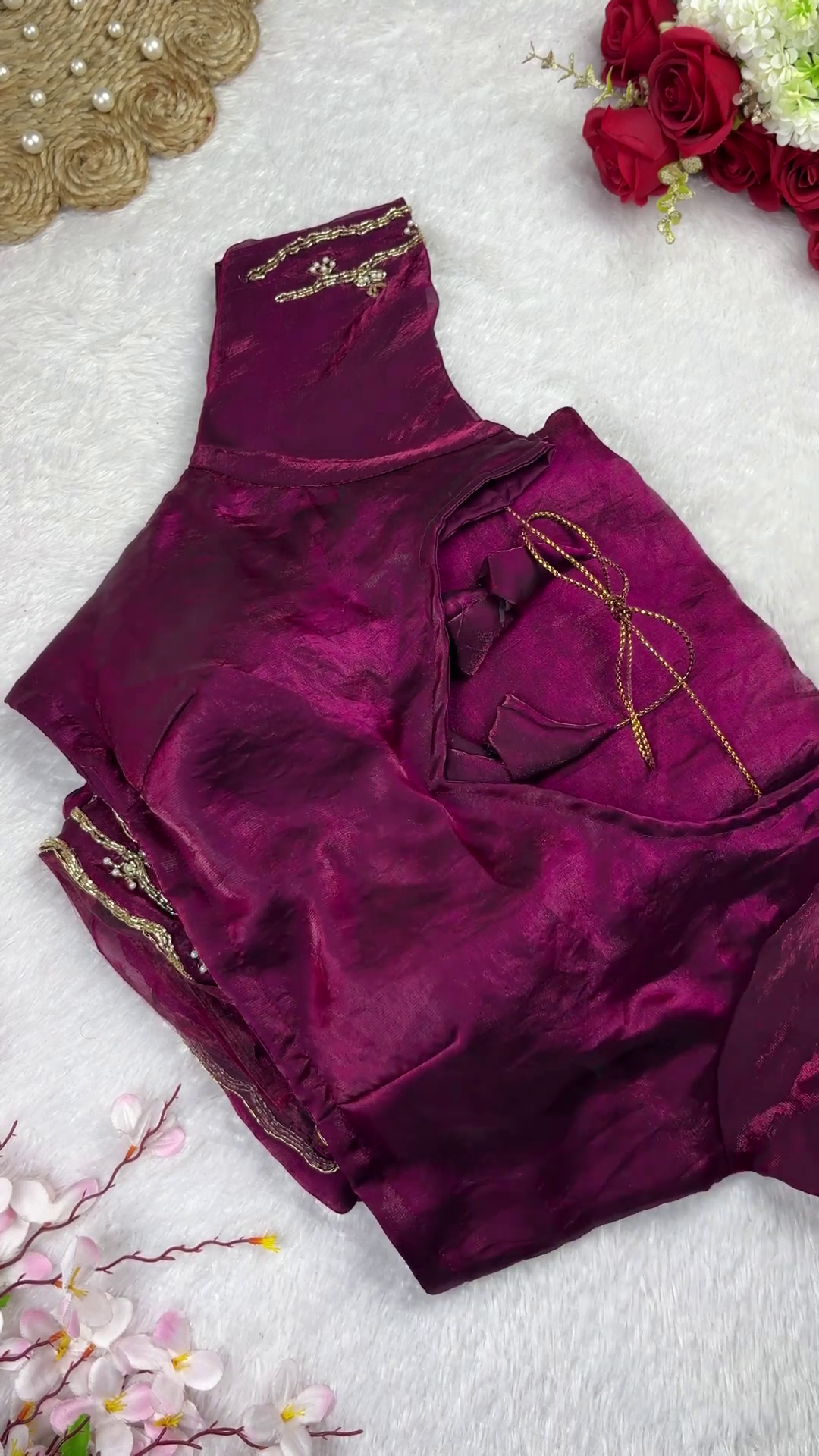 Regal Wine Textured Designer Blouse with Golden Accents