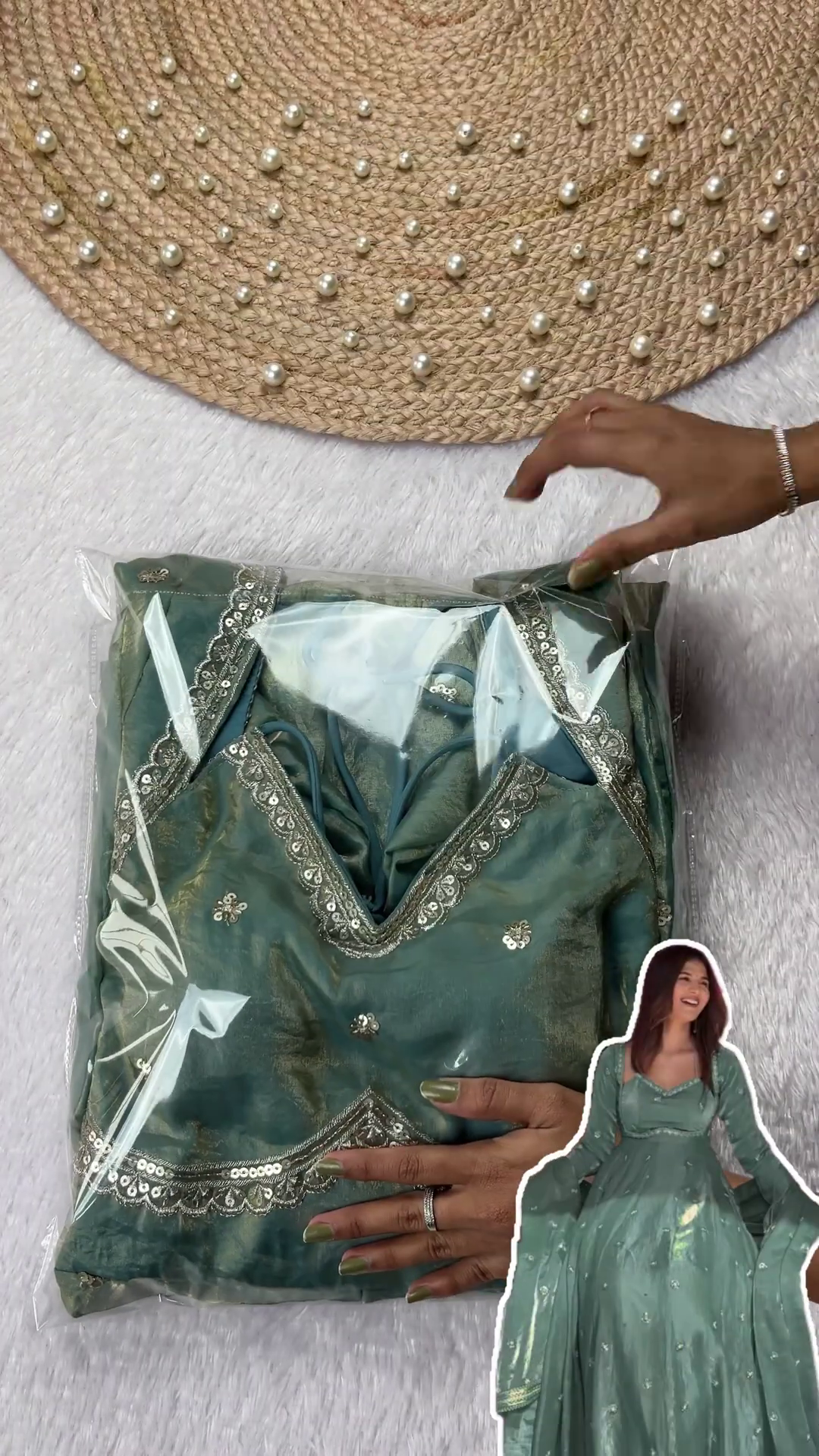 Iridescent Sea-Foam Scalloped Anarkali Gown - Image 3