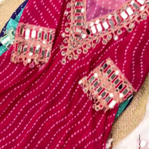 Vibrant Rani Pink Bandhani Anarkali with Heavy Mirror Work