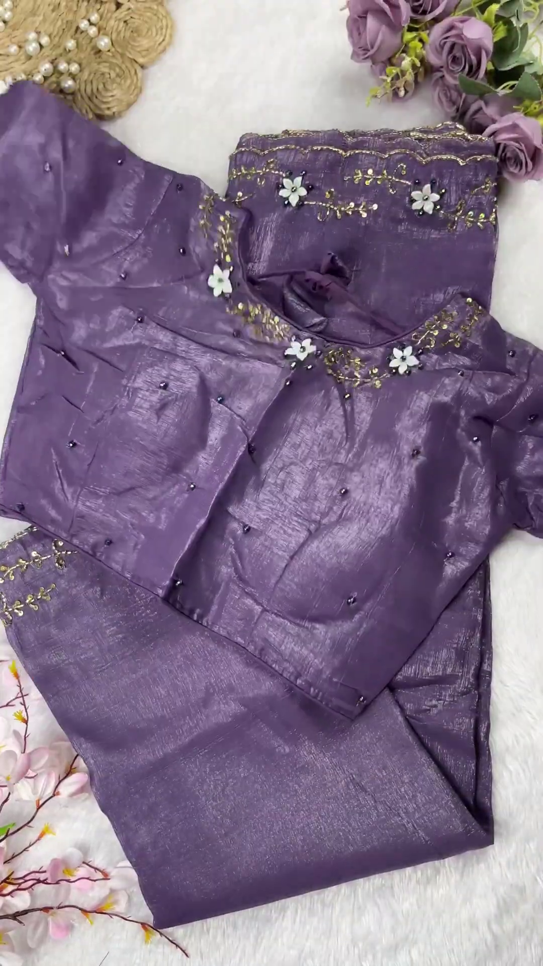 Mauve Silk Saree Set with 3D Floral Accents - Image 3