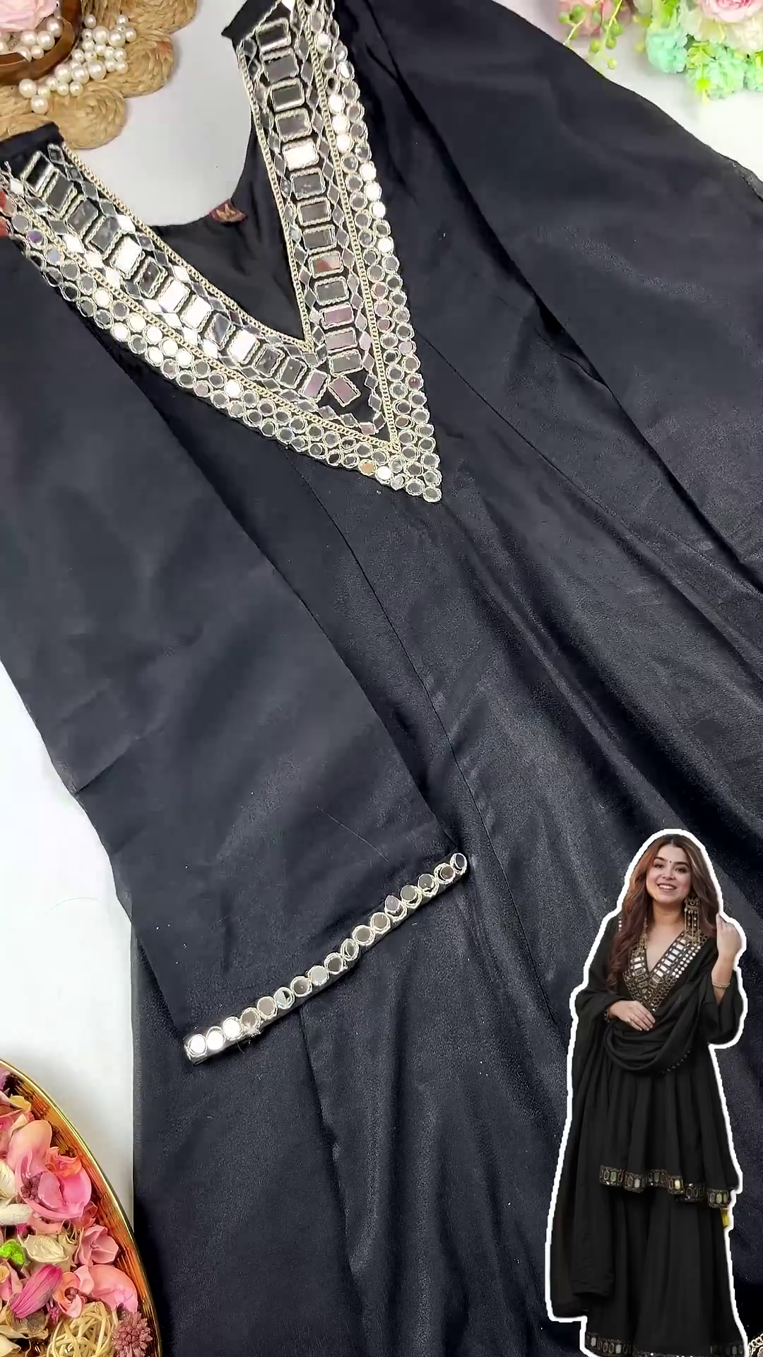 Grand Midnight Black Mirror-Work Sharara Set