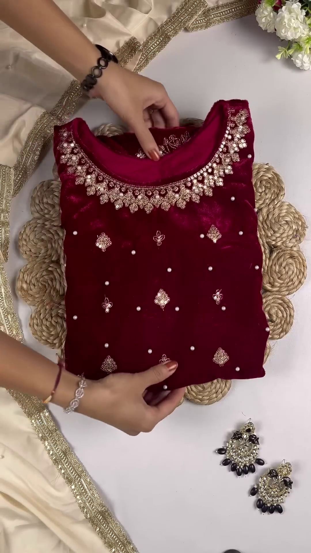 Majestic Ruby Velvet Anarkali with Golden Floral Zari and Sequin Embroidery - Image 4