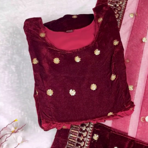 Majestic Ruby Velvet Anarkali with Golden Floral Zari and Sequin Embroidery