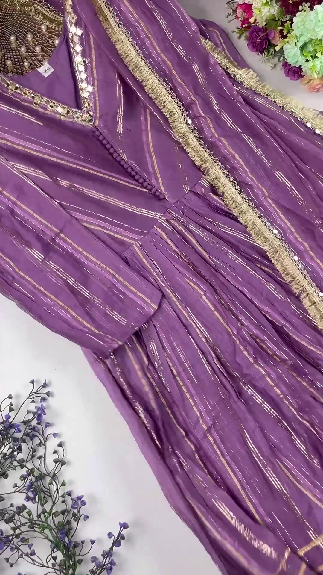 Jewel-Toned Gown with Lurex Stripes and Mirror-Work V-Neck - Image 4