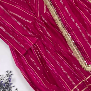 Jewel-Toned Gown with Lurex Stripes and Mirror-Work V-Neck