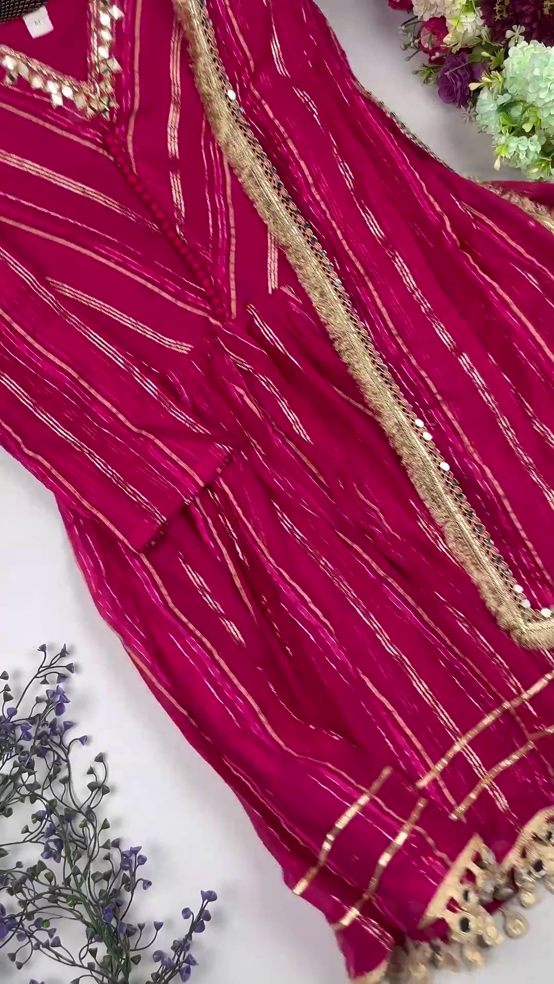 Jewel-Toned Gown with Lurex Stripes and Mirror-Work V-Neck