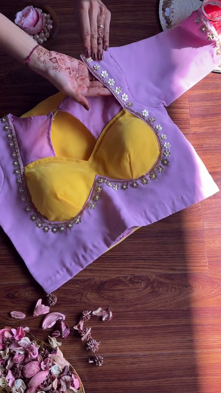 Lavender and Mustard Contrast Silk-Blend Blouse with Floral Sequin Borders - Image 3