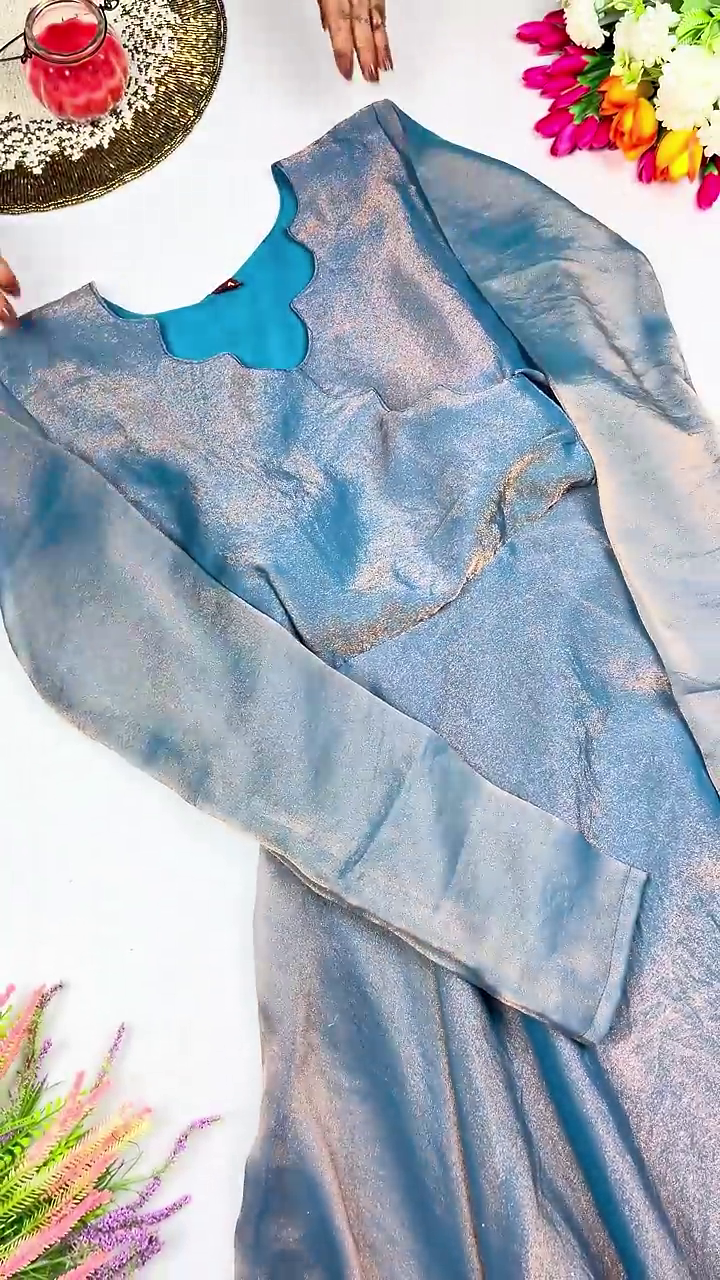 Celestial Blue Shimmer Gown with Scalloped Neckline and Fluid Drapery - Image 5